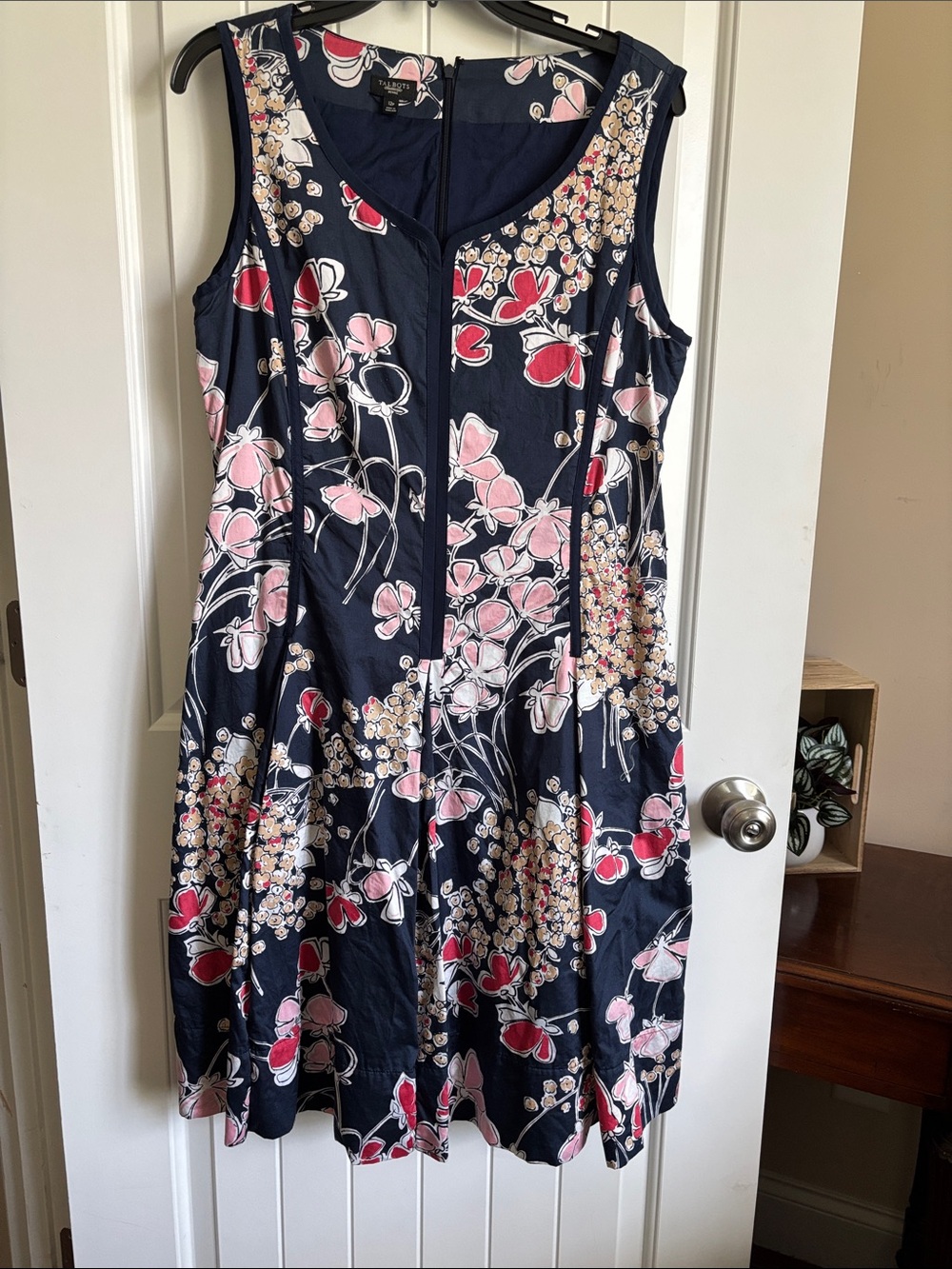 Talbots Navy Floral Midi pleated Hem Skirt Dress with Pink & Red Blooms